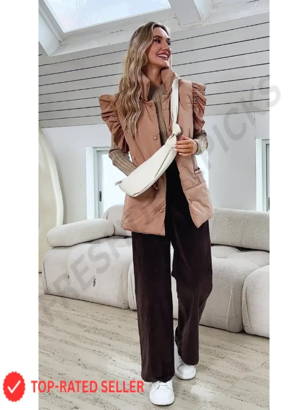 Women's Padded Puffer Vest Lightweight Quilted Sleeveless Ruffle Shoulder Coat